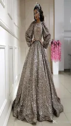 Sparkly Glitter Sequin Quinceanera Dresses Jewel Neck Long Sleeve Arabic Dubai Style Prom Dress Draped Puffy Sweet 16 Evening Gown1285340