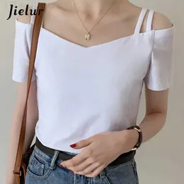 Kvinnors t-shirt Jielur Pure Color T-shirts Kortspalt kvinnor Black White Slash Neck Fe Korean Style Slimming T-shirts Summer S-XL L24312