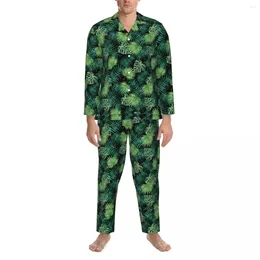 Herren Nachtwäsche tropische Blätter Pyjama Männer Hawaiianische Print Modes Schlafzimmer Herbst 2 Stück Vintage Oversize Design Pyjama Set