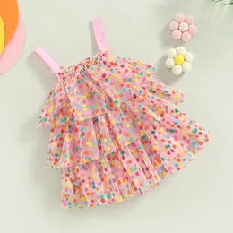 FocusNorm 04Y Baby Kids Girls Princess Dress Seveless Colorful Dots Print Lace Lace Mesh Sundress 240228