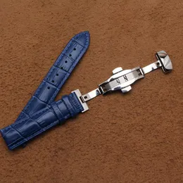 Cowhide Leather WatchBands Watch Strap Silver Rostfritt stål Metall Buckle Butterfly Deployment Blue Watchbands for Men 14 16 18MM240H