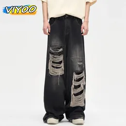 Mens Ripped Black Jeans Harajuku Wide Leg Pants Denim Baggy Y2K Cargo Pants Streetwear Koean Style Clothes Gothic 230226