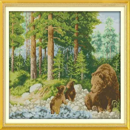 Schöne Bären im Wald, Heimdekoration, Gemälde, handgefertigte Kreuzstich-Stickerei, Handarbeitssets, gezählter Druck auf Leinwand, DMC 14CT 268A