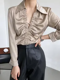 Kadın bluzları zarif kadın saten üstleri seksi derin v yaka yaka uzun kollu kadın kazak gömlekleri şık katı bayanlar