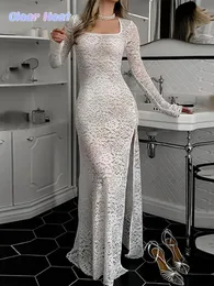 Модное кружевное прозрачное женское платье с разрезом по бокам Элегантные платья с квадратным воротником и длинными рукавами 2024 Весенние женские вечерние клубные платья 240304