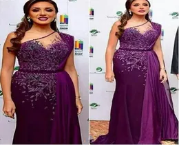 Laço roxo frisado 2020 novos vestidos de noite árabe um ombro bainha chiffon vestidos de baile barato sexy formal festa dama de honra pag7924549