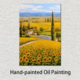 Vackra oljemålningslandskap Solrosblomma fältkonst på duk hand målad för studierum väggdekor284d
