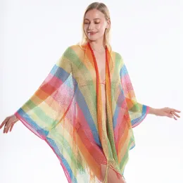 2024 Sommarny Rainbow Mesh Sexy Hollow Sun Protection Shawl Women's European and American Tourism Beach Scarf