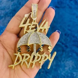 4eva Forever Drippy Dollar Paraply Hip Hop Pendant Full PAVED 5A Cubic Zirconia Cz Gold Plated Men smycken 240311