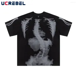 Men's T Shirts Skeleton Print Short Sleeve T-shirt Mens Summer High Street Loose Crew Neck Half-Sleeve Cotton Tee Men Tshirt