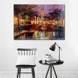 Modern Landscape Oil Painting Canal in Utrecht Hand Painted City Scape Canvas Willem Haenraets Artwork Reproduction Colorful Bridg222J