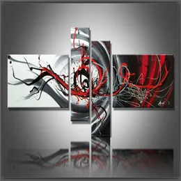 멀티 피스 조합 4 PCS 세트 캔버스 예술 추상 유화 검은 흰색과 빨간 벽 장식 손으로 그린 ​​그림 홈 데코 장식 273d