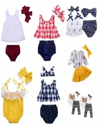 Babykläder flickor rutnät Tassel passar barn polka dot blommor kläder set mode boutique t shirt rompers blöja byxor pannband ou2028009