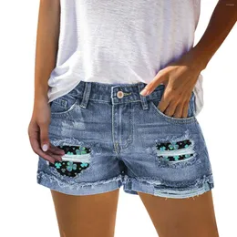 Women's Shorts Summer Leaves Hole Patch Rolled Jeans For Women Vintage Mom Denim Wide Leg Short Pants Woman Clothing 2024