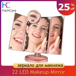 22 LED-Touchscreen-Make-up-Spiegel, 1 x 2 x 3 x 10 x Vergrößerungsspiegel, 4 in 1 dreifach gefalteter Desktop-Spiegel, Lichter, Gesundheits- und Schönheitswerkzeug, Y20012376