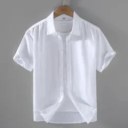 Bomullslinne män shortsleeved skjortor sommar streetwear vanlig färg stativ krage casual strandstil plus storlek m3xl 240312