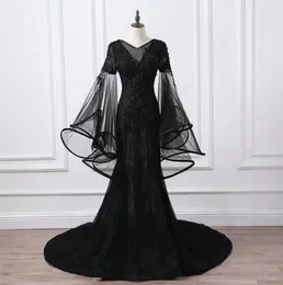 2019 Black Organza Mermaid Evening Dress Long Sleeves Beads Ruched Party Dress 매력적인 두바이 패션 스윕 트레인 V 목 무도회 DRE9498544