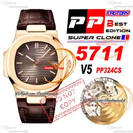 5711/1R CAL A324SC Automatik-Herrenuhr PPF V5 Roségold, braun strukturiertes Zifferblatt, weiße Strichmarkierungen, Lederarmband, Super Edition, Reloj Hombre Puretimewatch PTPP zz2