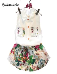 2018 New Fashion Summer Children Girl Set Kids Closes Flowers Chiffon Halter Tops Bows Shorts Baby Girls Clothings Suit2374739