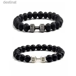 Beaded High Quality Men Beaded Bracelet Natural Black Lava Stone Dumbbell Charm Bracelets Energy Fitness Barbell Fashion Women JewelryL24213