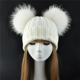 Gorro de bola de pele real de inverno para mulheres, gorro fofo duplo natural de pele de guaxinim, pom pom, gorro com 2 pompom342v