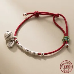 Fit 23 cm 999 Srebrna linowa bransoletki Kobiety Retro Bell Lucky Red Nici Bracelets dla kobiet Dziewczyny Dziewczyny Silver Bamboo 240226