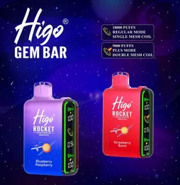USA EU GEM Bar Higo Rocket 10000 20000 Puff Disposable E Cigaretter 2% 5% Vapes Puff 10K 20K Vape Pen Vaper Dual Mesh Coil Full Screen Indicator 18 Smaker i lager