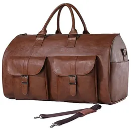 Rese duffel väska vattentäta duffelväskor för män överdimensionerade pu läder bäron på väska duk över natten väska brun plaggväska