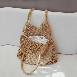 Borse da spiaggia Borsa da erba portatile in tessuto Vacanza al mare estiva Serie foresta da donna francese Maglia cava