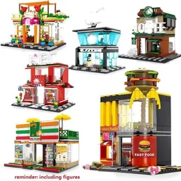 Blocos de brinquedo mini cidade rua blocos de construção café hambúrguer loja cidade diy tijolos brinquedos compatíveis pretos para crianças presente c310c