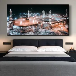 Mecca Mosque Night View Canvas Wall Art 포스터 및 인쇄물에 거실을위한 Kabe Mekke 이슬람 예술 사진 2485