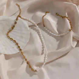 Wisiorki Naturalny naszyjnik z perłami słodkowodnej 2024 Moda 18k złoty łańcuch łańcuchowy biżuteria dla kobiet Girls Prezent