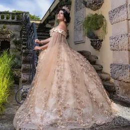 Luxury Light Champagne glänsande bollklänning quinceanera klänningar 3D blommor Applique Tull med Cape Bridal Gown Party Bride Dresses Vestidos 15 DE