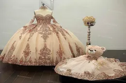 Блестящие платья Quinceanera розового золота синего цвета Vestido De 15 Anos Аппликации из бисера с пайетками Sweet 16 Платье Маскарад Выпускной День рождения4253079