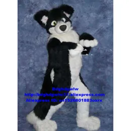 Trajes da mascote preto branco longo pele peludo lobo raposa husky cão fursuit mascote traje adulto personagem roupa imagem embaixador ponto cênico zx449