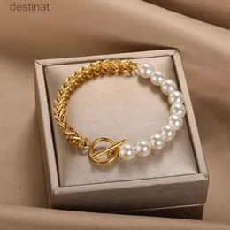 Braccialetti di perle a catena cubana con perline per le donne Braccialetti con ciondolo a cuore in acciaio inossidabile fatti a mano Festa di nozze Gioielli Boho RegaliL24213