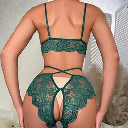 Bras Sets Crotchless Lace Bra Set Floral Transparent And Panty Lingerie Fashion Women's Underwear Green Sexy 2pcs