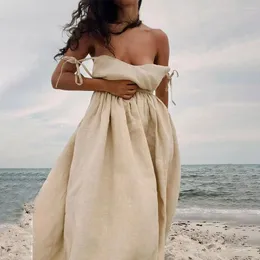 Sukienki swobodne pościel v szyja spaghettii Pasek długie kobiety seksowne eleganckie bandaż bez pleców luźne luźne sukienka na plażę latem 2024