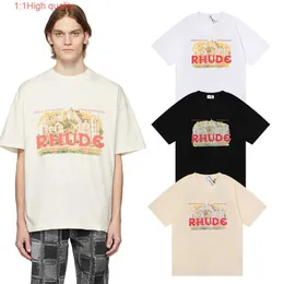 Marca na moda RHUDE castelo carta padrão camiseta de manga curta para homens e mulheres alta rua solta meia manga