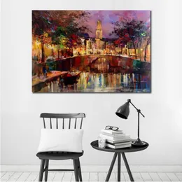 Modern Landscape Oil Painting Canal in Utrecht Hand Painted City Scape Canvas Willem Haenraets Artwork Reproduction Colorful Bridg2465