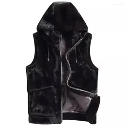 Men's Vests Reversed Leather Vest Coat Men Velvet Waistcoat 5XL Plus Size Hooded Autumn Winter Underwear Weskit European Designer