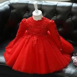 Kırmızı dantel payet bebek kız 1 yıllık doğum günü elbise uzun kollu doğmuş vaftiz elbisesi bebek toddler vaftiz prenses vestidos 240307