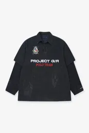 プロジェクトG/Rツーピース長袖2ピース洗浄された苦痛を巻き起こした長袖刺繍ポロシャツのトップス
