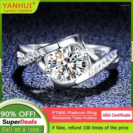 Кольца кластера YANHUI, настоящее кольцо с муассанитом 0,5/1 карат для женщин, однотонное платиновое PT950, роскошное обручальное кольцо с бриллиантами