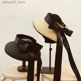 Wide Brim Hats Bucket Hats Elegant retro Hepburn windy streamer bow empty top beach straw hat women summer outing fashion sun visor Q240312