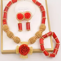 Conjunto de brincos de colar moda joias com contas de coral vermelho