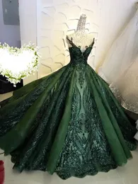 Блестящие темно-зеленые платья Quinceanera с пайетками. Прозрачное бальное платье с короткими рукавами и жемчужным вырезом. Одежда для выпускного вечера. Сладкое платье для девочек 15 лет.