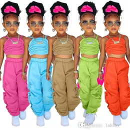 Ubrania dla dzieci Baby Girls Tracksuits Summer 2 -częściowy zestaw plisowany solidny kolor kamizelki kategorii kategorii swobodne luźne spodnie z szerokości nogi 2PCS stroje garniturowe