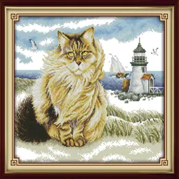 Fettkatter och fyren Cross Stitch Craft Tools Brodery Needwork Set Counted Print på Canvas DMC 14CT 11CT Home Decor P3170