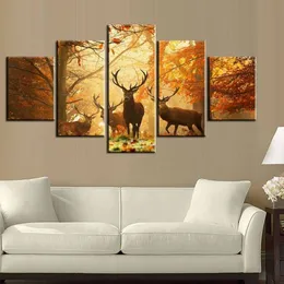 5pcs Set Sunset Golden Deer Wall Art Malanka oleżka na płótnie No Ramka Impresjonistyczne obrazy Zwierzęta